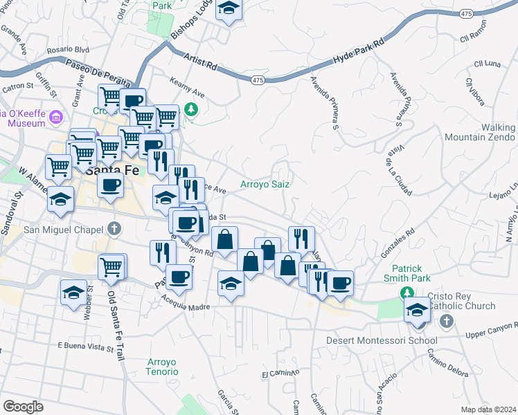 map of restaurants, bars, coffee shops, grocery stores, and more near 542 East Palace Avenue in Santa Fe