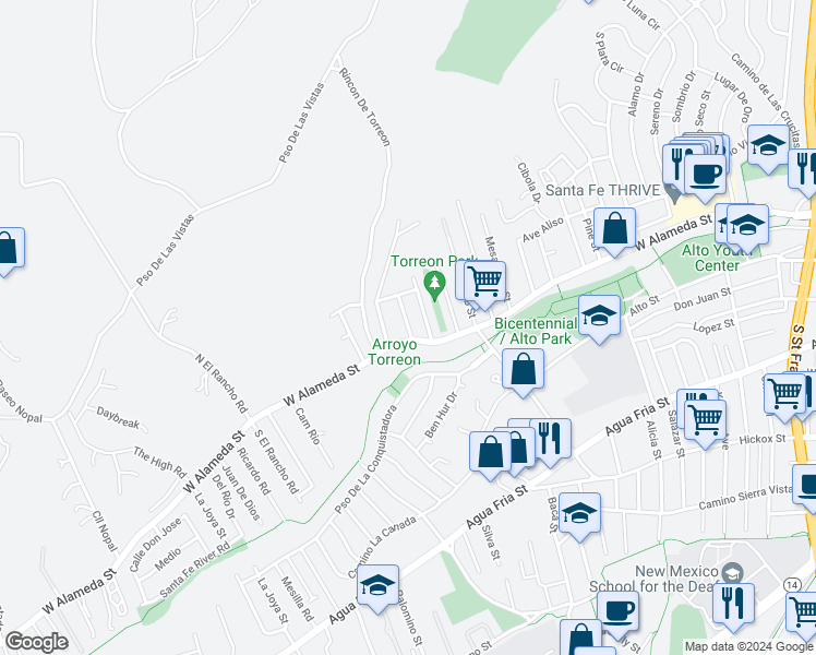map of restaurants, bars, coffee shops, grocery stores, and more near Moore Street in Santa Fe