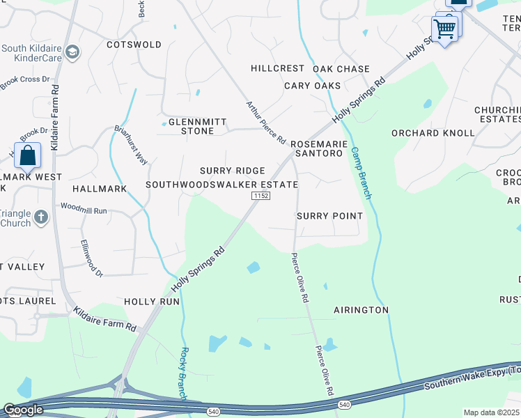 map of restaurants, bars, coffee shops, grocery stores, and more near 9213 Holly Springs Road in Apex