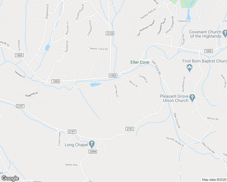 map of restaurants, bars, coffee shops, grocery stores, and more near 21 Twin Hills Drive in Weaverville