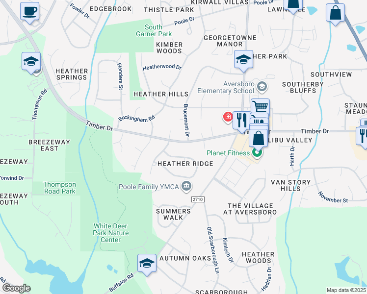 map of restaurants, bars, coffee shops, grocery stores, and more near 1105 Timber Drive in Garner