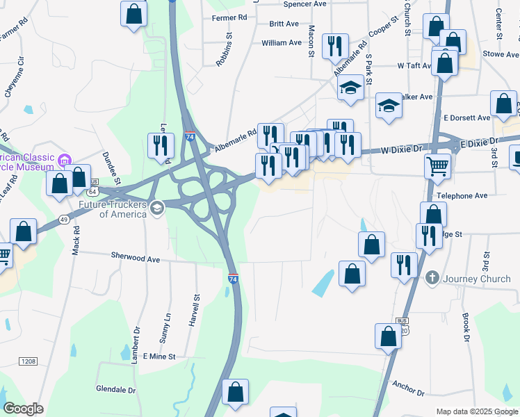 map of restaurants, bars, coffee shops, grocery stores, and more near 816 Morgan Avenue in Asheboro