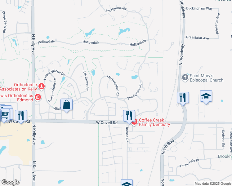 map of restaurants, bars, coffee shops, grocery stores, and more near 3007 Meriweather Road in Edmond