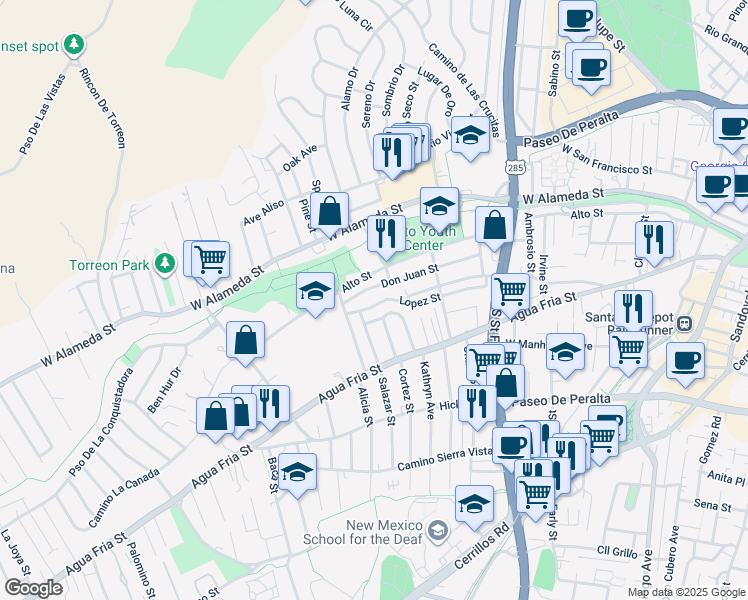 map of restaurants, bars, coffee shops, grocery stores, and more near 1133 Lopez Street in Santa Fe