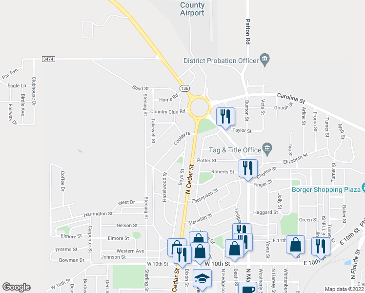 map of restaurants, bars, coffee shops, grocery stores, and more near 1425 Boyd Street in Borger