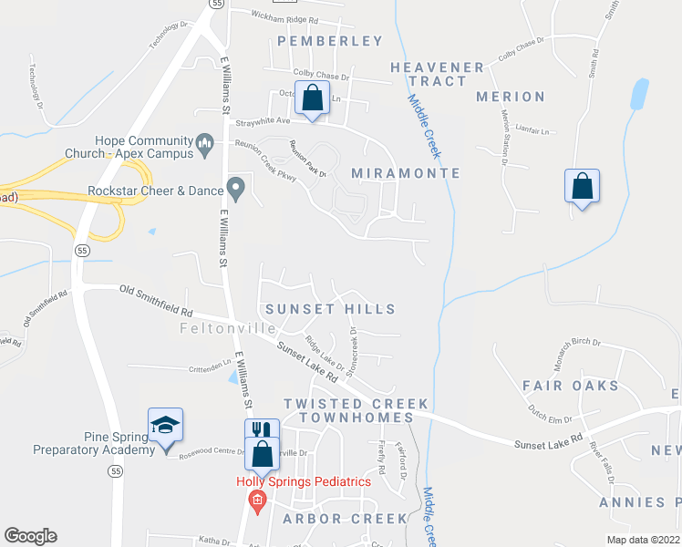 map of restaurants, bars, coffee shops, grocery stores, and more near 405 Thorncrest Drive in Apex