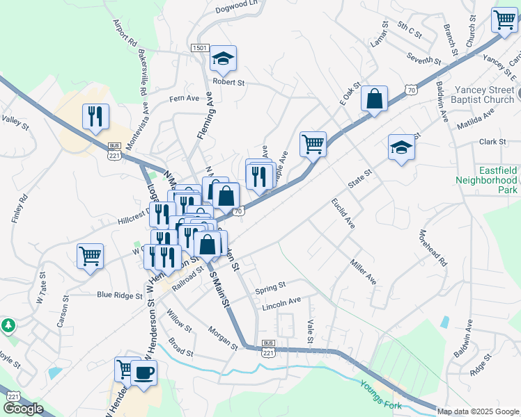 map of restaurants, bars, coffee shops, grocery stores, and more near 244 East Court Street in Marion