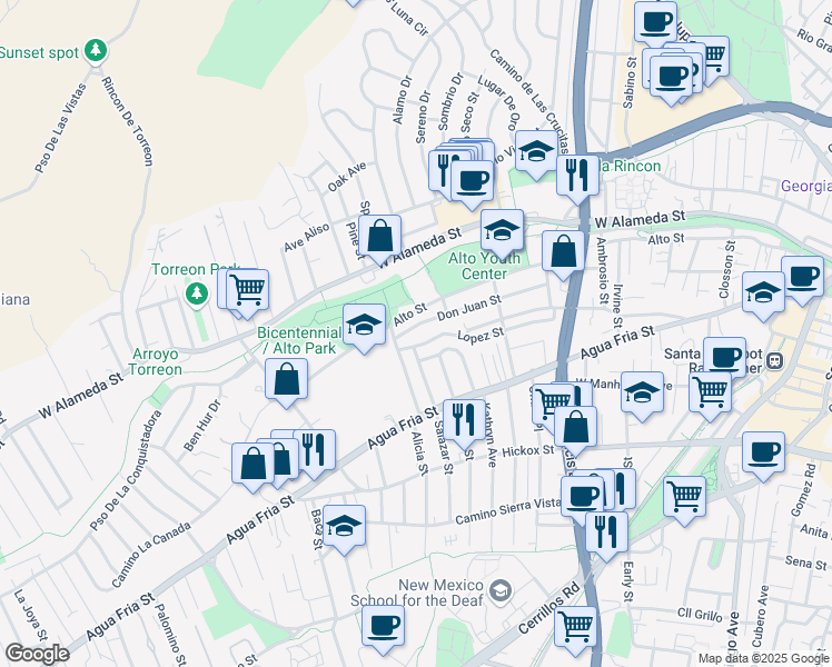 map of restaurants, bars, coffee shops, grocery stores, and more near 1133 Lopez Street in Santa Fe