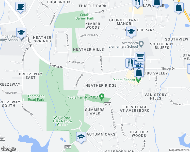 map of restaurants, bars, coffee shops, grocery stores, and more near 1109 Timber Drive in Garner