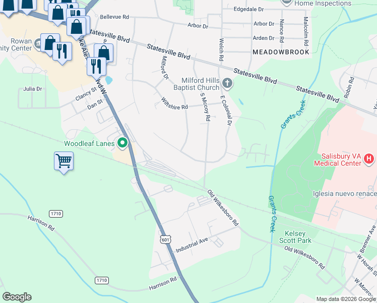 map of restaurants, bars, coffee shops, grocery stores, and more near 1533 West Colonial Drive in Salisbury
