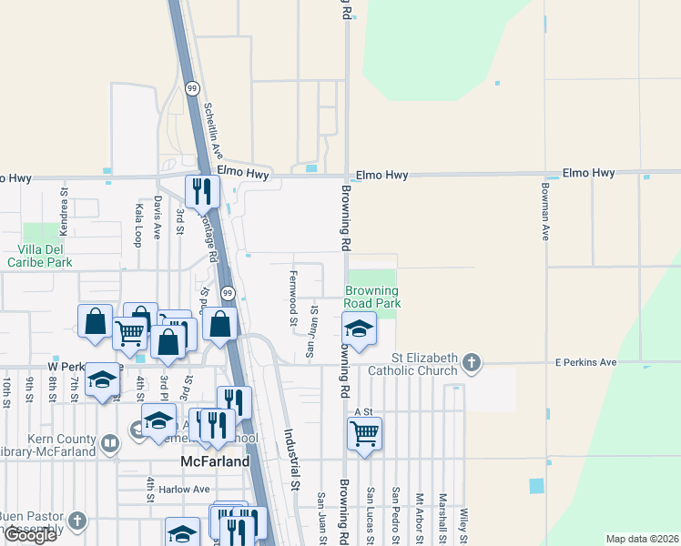 map of restaurants, bars, coffee shops, grocery stores, and more near 749 Browning Road in McFarland