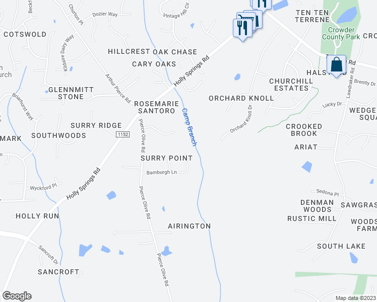 map of restaurants, bars, coffee shops, grocery stores, and more near 3901 Bamburgh Lane in Apex