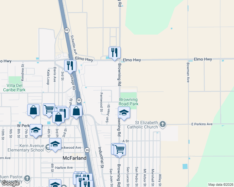 map of restaurants, bars, coffee shops, grocery stores, and more near 739 Browning Road in McFarland