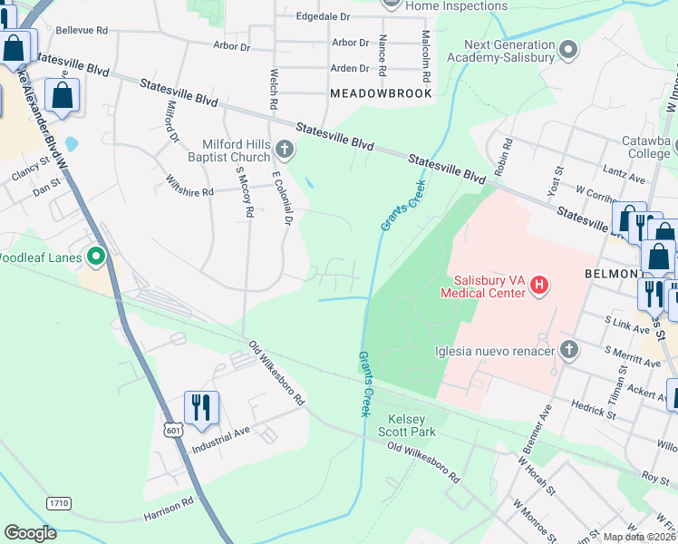 map of restaurants, bars, coffee shops, grocery stores, and more near 303 Larchmont Place in Salisbury