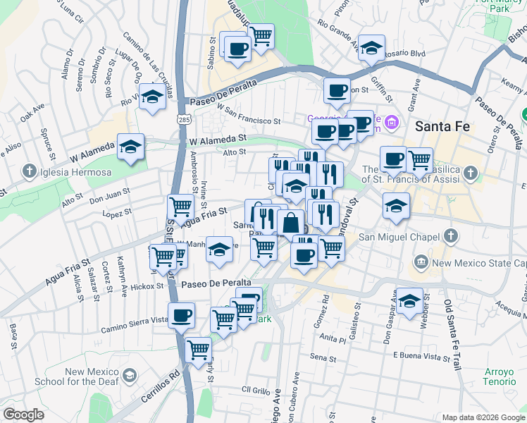 map of restaurants, bars, coffee shops, grocery stores, and more near in Santa Fe