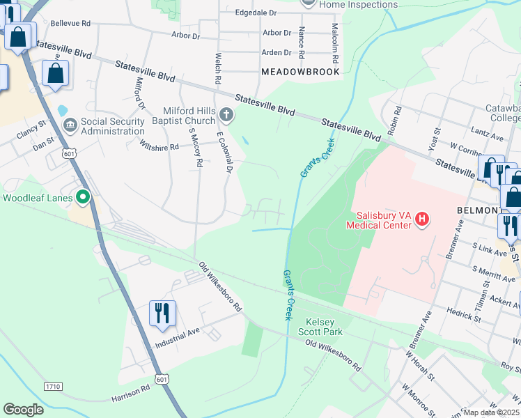 map of restaurants, bars, coffee shops, grocery stores, and more near 1300 Larchmont Place in Salisbury