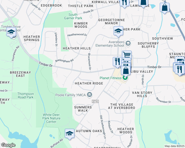 map of restaurants, bars, coffee shops, grocery stores, and more near 1007 Timber Drive in Garner