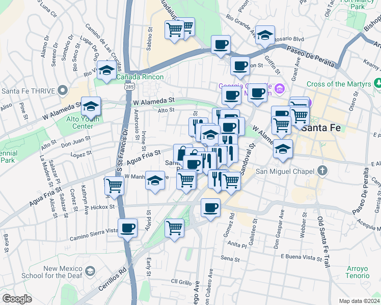 map of restaurants, bars, coffee shops, grocery stores, and more near 21 Romero Street in Santa Fe