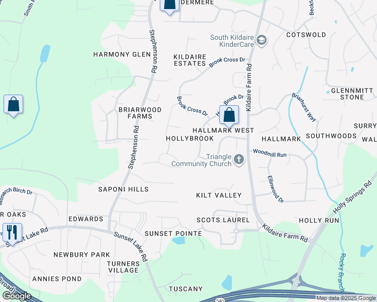 map of restaurants, bars, coffee shops, grocery stores, and more near 4908 Holly Brook Drive in Apex
