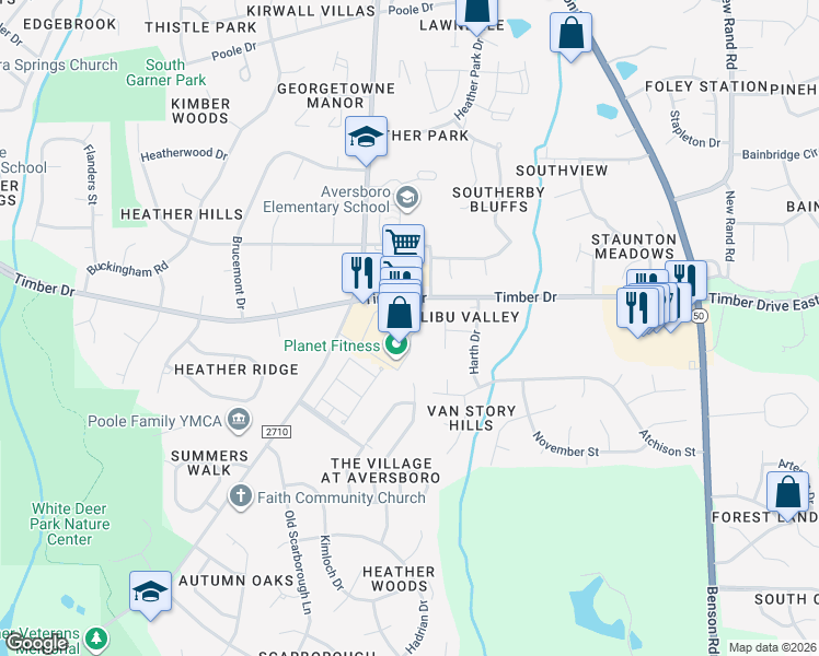 map of restaurants, bars, coffee shops, grocery stores, and more near 1857 Aversboro Road in Garner