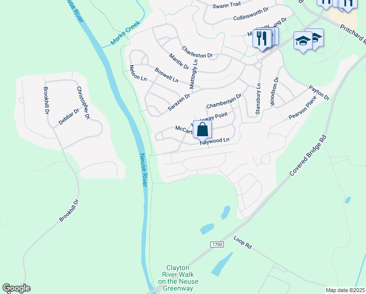 map of restaurants, bars, coffee shops, grocery stores, and more near 404 Hardaway Point in Clayton