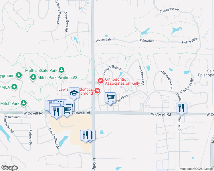 map of restaurants, bars, coffee shops, grocery stores, and more near 2925 Longmeadow in Edmond