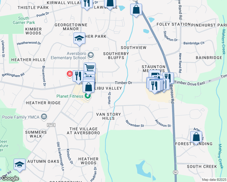 map of restaurants, bars, coffee shops, grocery stores, and more near 1501 Harth Drive in Garner