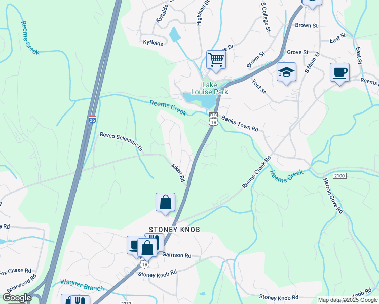 map of restaurants, bars, coffee shops, grocery stores, and more near 25 Loftin Street in Weaverville