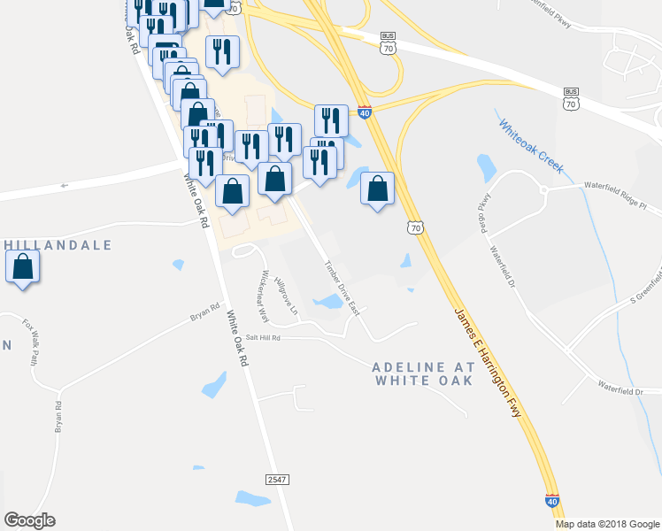 map of restaurants, bars, coffee shops, grocery stores, and more near 1652 Timber Drive East in Garner
