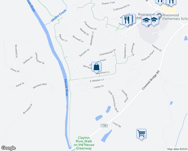 map of restaurants, bars, coffee shops, grocery stores, and more near 228 Haywood Lane in Clayton