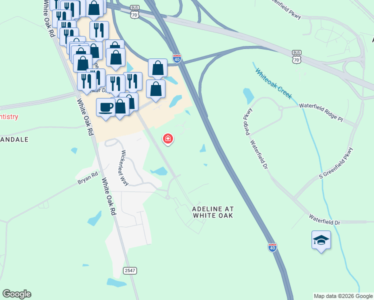 map of restaurants, bars, coffee shops, grocery stores, and more near 1515 Copperline Drive in Garner