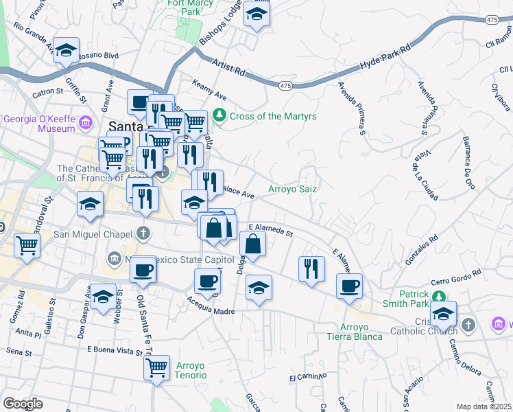 map of restaurants, bars, coffee shops, grocery stores, and more near 523 East Alameda Street in Santa Fe