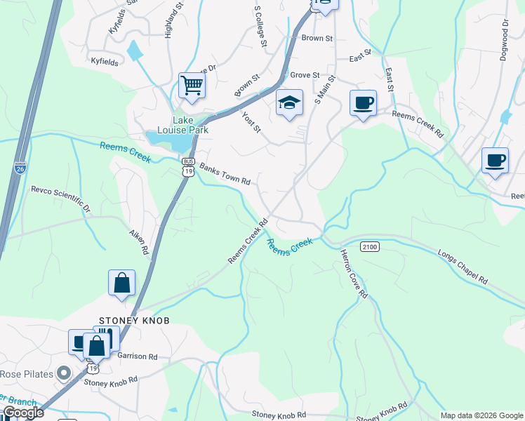 map of restaurants, bars, coffee shops, grocery stores, and more near 75 State Road 1003 in Weaverville