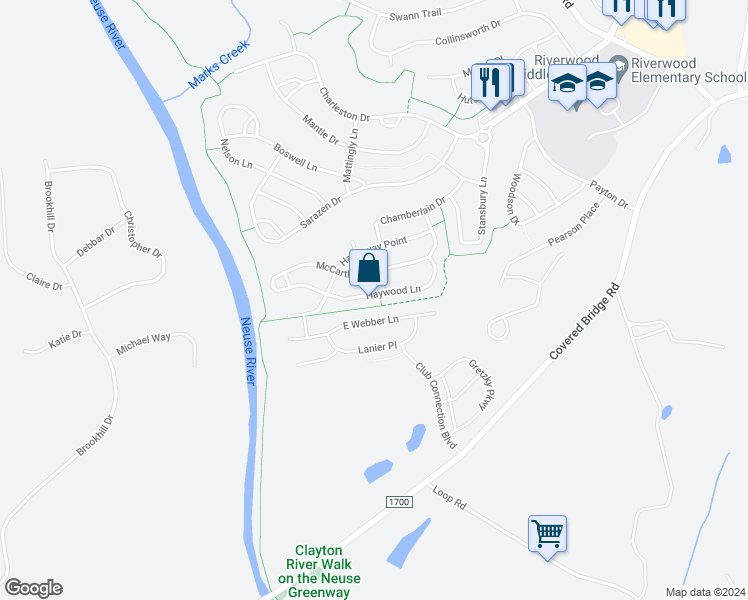 map of restaurants, bars, coffee shops, grocery stores, and more near 212 Haywood Lane in Clayton