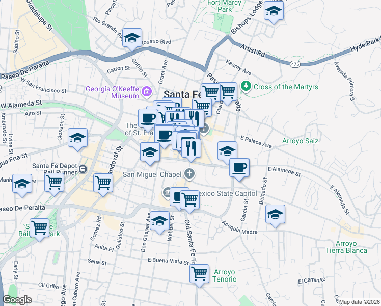 map of restaurants, bars, coffee shops, grocery stores, and more near 207 Old Santa Fe Trail in Santa Fe