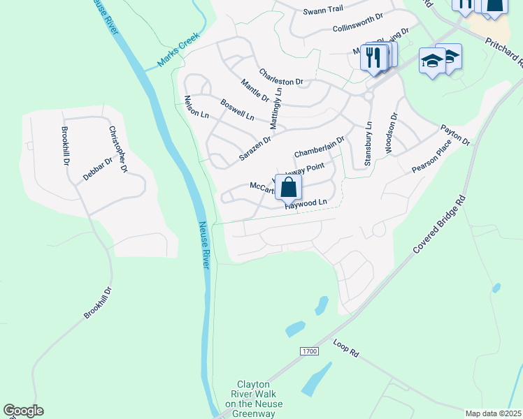 map of restaurants, bars, coffee shops, grocery stores, and more near 400 Hardaway Point in Clayton