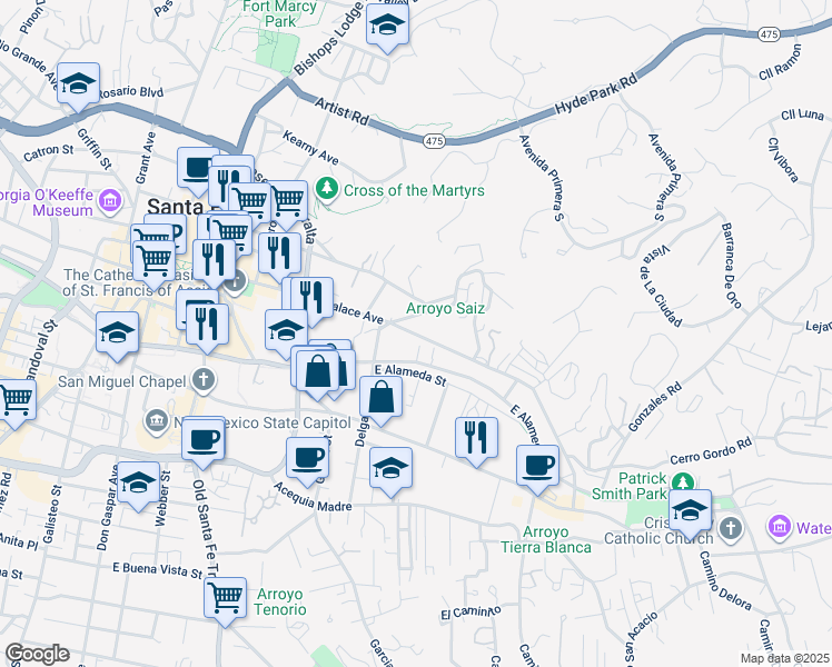 map of restaurants, bars, coffee shops, grocery stores, and more near East Palace Avenue in Santa Fe