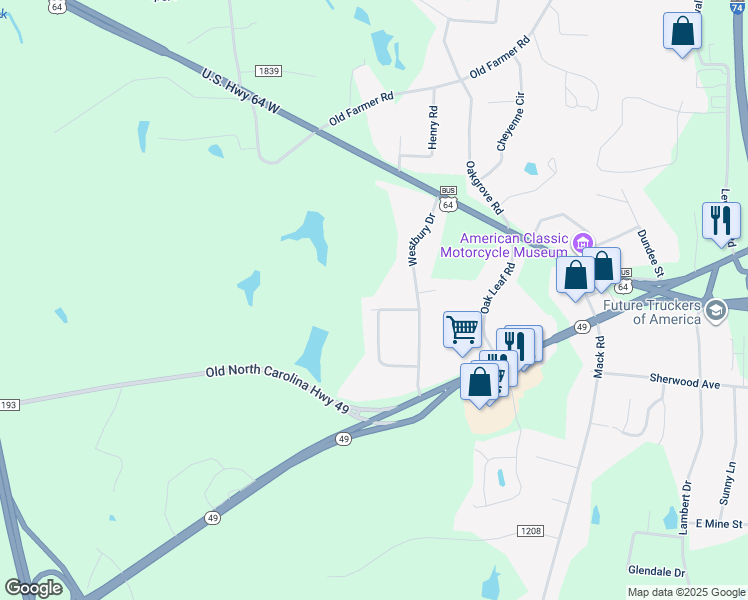 map of restaurants, bars, coffee shops, grocery stores, and more near 1108 Cranbrook Way in Asheboro