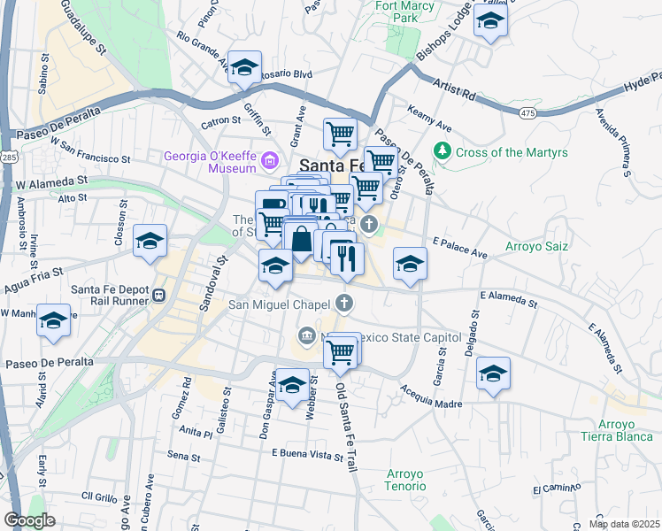 map of restaurants, bars, coffee shops, grocery stores, and more near 121 East Alameda Street in Santa Fe