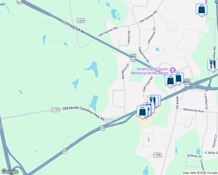 map of restaurants, bars, coffee shops, grocery stores, and more near 1149 Cranbrook Circle in Asheboro