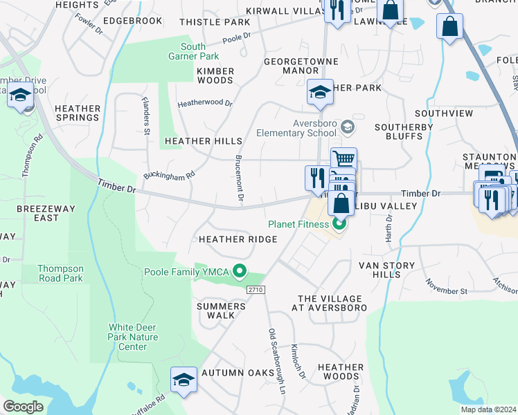 map of restaurants, bars, coffee shops, grocery stores, and more near 1003a Timber Drive in Garner