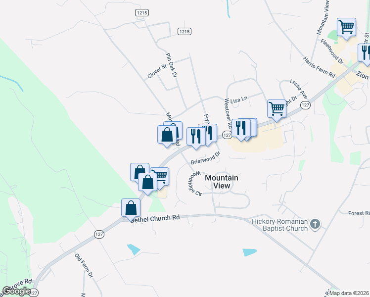 map of restaurants, bars, coffee shops, grocery stores, and more near 3100 Highway 127 in Hickory
