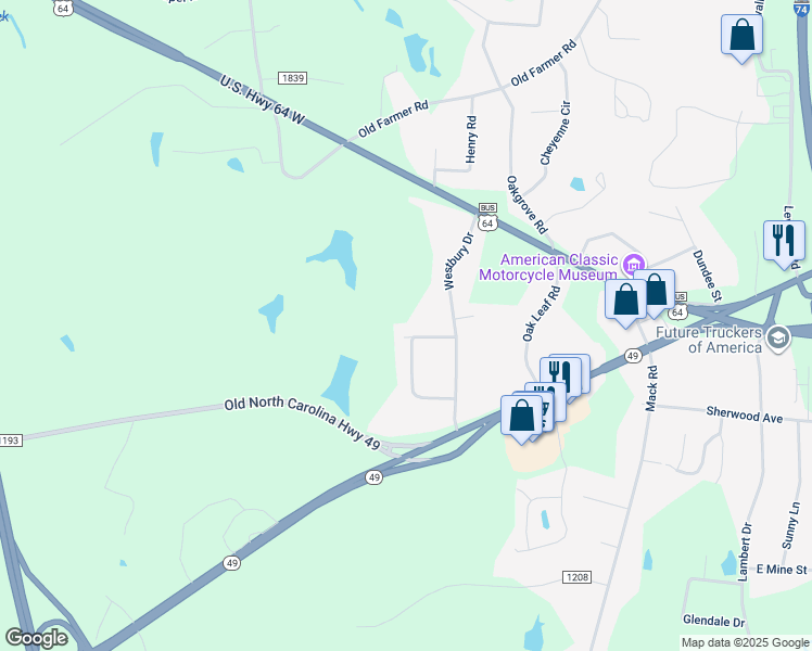 map of restaurants, bars, coffee shops, grocery stores, and more near 1108 Cranbrook Way in Asheboro