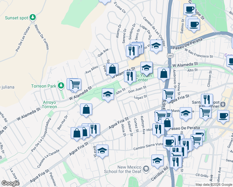 map of restaurants, bars, coffee shops, grocery stores, and more near 440 La Madera Street in Santa Fe