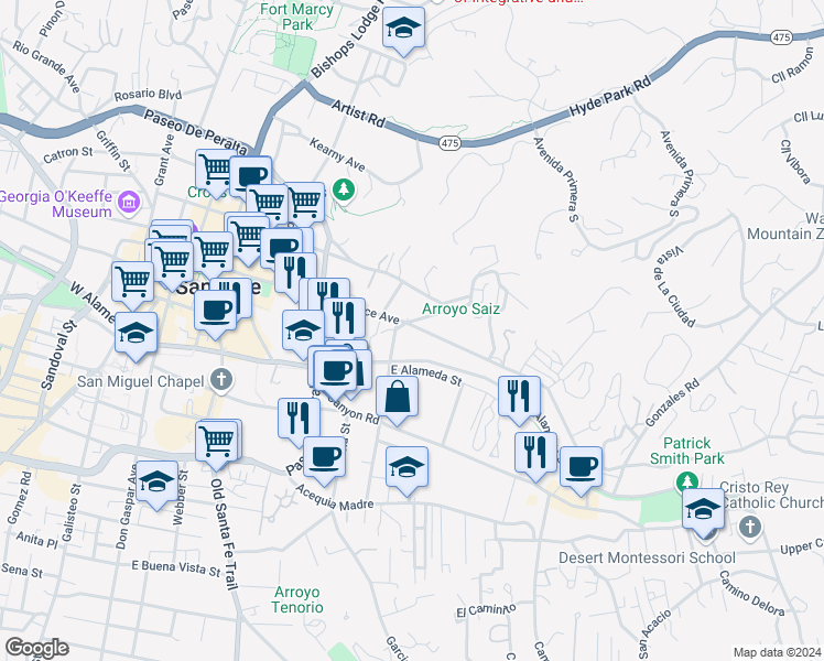 map of restaurants, bars, coffee shops, grocery stores, and more near 504 East Palace Avenue in Santa Fe