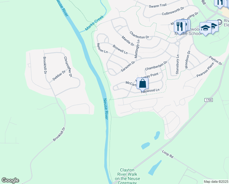 map of restaurants, bars, coffee shops, grocery stores, and more near 637 McCarthy Drive in Clayton