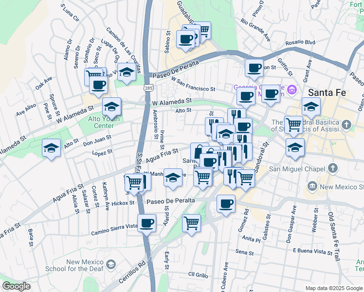 map of restaurants, bars, coffee shops, grocery stores, and more near 724 Agua Fria Street in Santa Fe
