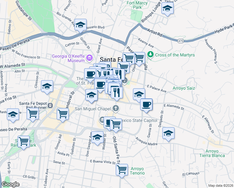 map of restaurants, bars, coffee shops, grocery stores, and more near 207 Old Santa Fe Trail in Santa Fe
