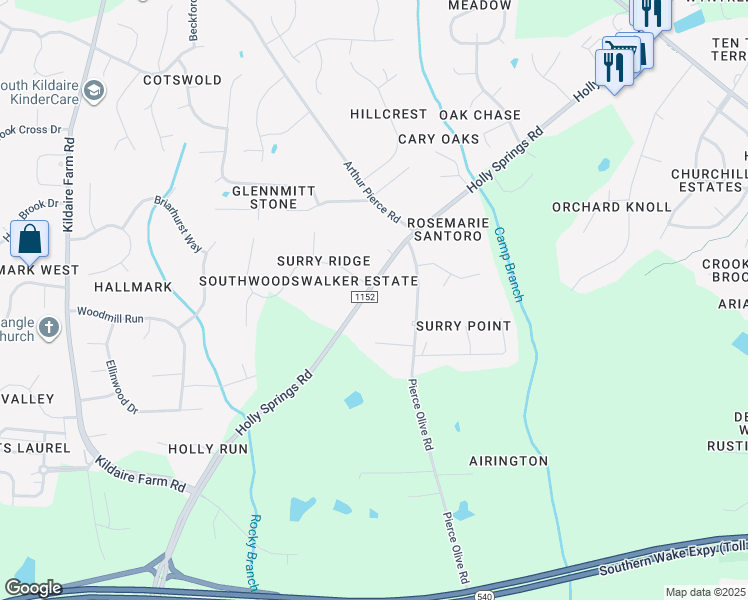 map of restaurants, bars, coffee shops, grocery stores, and more near 9213 Holly Springs Road in Apex