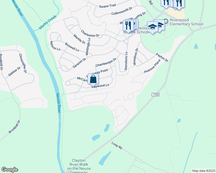 map of restaurants, bars, coffee shops, grocery stores, and more near 136 Haywood Lane in Clayton